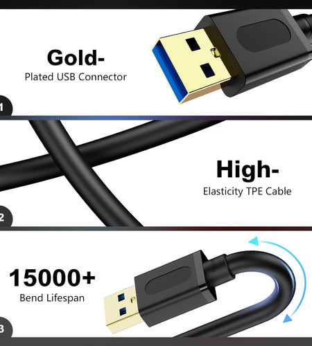 USB 3.0 Male to Male Cable 6Ft,Usb to USB Cable with Gold-Plated Connector for Hard Drive Enclosures, DVD Player, Laptop Cooler (6Ft/1.8M)