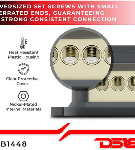 DB1448 Distribution Ground Block - 1 X 4GA In/ 4 X 8GA Out, Nickle Plated Internal Material, High-Strength Heat Resistant Plastic Housing, Oversized Set Screws for Secure Connections (1 in 4 Out), CLEAR, Single