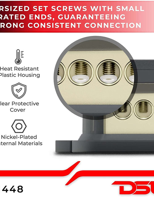 Load image into Gallery viewer, DB1448 Distribution Ground Block - 1 X 4GA In/ 4 X 8GA Out, Nickle Plated Internal Material, High-Strength Heat Resistant Plastic Housing, Oversized Set Screws for Secure Connections (1 in 4 Out), CLEAR, Single
