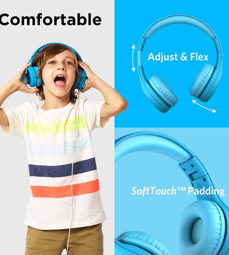 Connect+ PRO Kids Premium Volume Limited Wired Headphones with Shareport and Inline Microphone (Children) - Blue